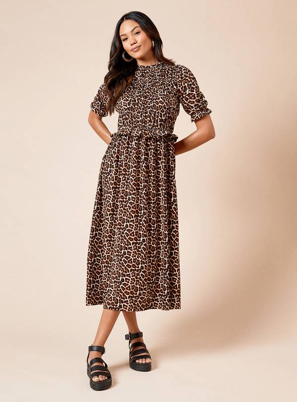 DOROTHY PERKINS Puff Sleeve leopard Shirred Bodice Peplum Midi Dress 18